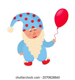 Cute gnome with balloon. Gnome in jumpsuit and hat is smiling.