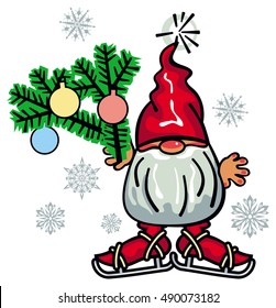 Cute gnome with beard and long red hat ice skating. Funny character for Christmas decorations, greetings cards and other design artworks.