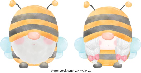 Cute Gnome Bee watercolor handdrawn.