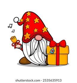 Cute Gnome with bell and gift for Christmas celebration illustration by hand drawn.