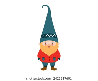 Cute gnome with big hat illustration. Elf clipart for kids in Scandinavian and flat style	