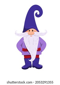 Cute gnome in a blue hat and boots. The gnome stands and smiles. A dwarf with a long beard. Hands behind your back. Flat style. Isolated on a white background. Long mustache. Vector illustration