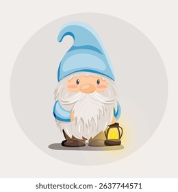 Cute gnome with blue hat and lantern