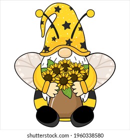 Cute gnome with a bouquet of sunflowers in a vase, vector illustration.