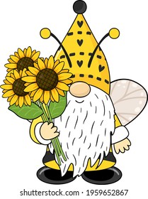 Cute gnome with a bouquet of sunflowers, vector illustration.