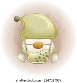 Cute Gnome Bubble Tea Watercolor Clipart Vector Illustration 04