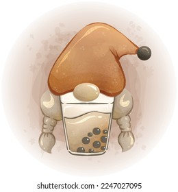 Cute Gnome Bubble Tea Watercolor Clipart Vector Illustration 01