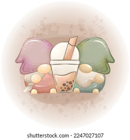 Cute Gnome Bubble Tea Watercolor Clipart Vector Illustration 08