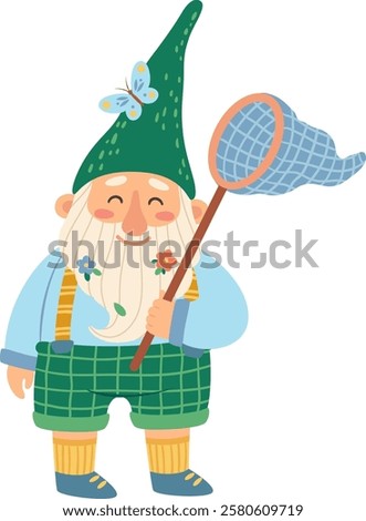 Cute gnome with butterfly net and a butterfly on his hat is catching butterflies and smiling in a spring garden, vector illustration isolated on white background