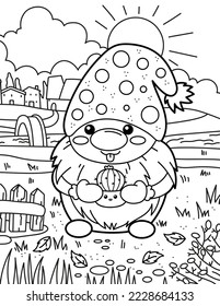 
Cute gnome with cactus in the park. Coloring book for children. Gnome coloring book. Black and white vector illustration.