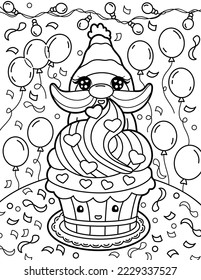 Cute gnome with a cake and balloons. Coloring book for children. Gnome coloring book. Black and white vector illustration.