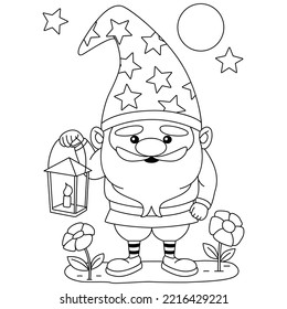 A cute Gnome with a candle lamp flower and star pattern hat outline coloring pages