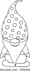 cute gnome in a cap with polka dots icon, sticker. sketch hand drawn doodle style. monochrome minimalism. scrapbook, funny character