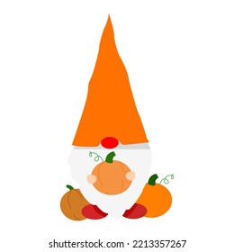cute gnome cartoon character  line drawing  vector illustration  gnome holding a pumpkin halloween october
