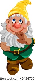 Cute gnome cartoon character in a yellow cap and green clothes looks up thoughtfully Vector