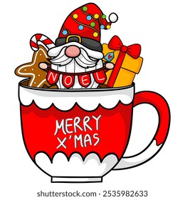 Cute Gnome Cartoon with hot chocolate in Christmas celebration illustration by hand drawn.