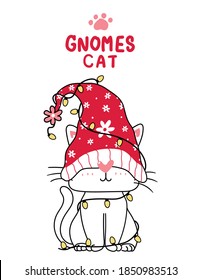 cute gnome cat cartoon with christmas light, cute cat animal clipart, holiday greeting.