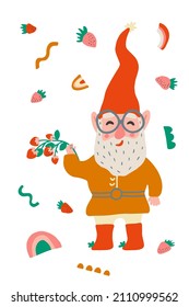 Cute gnome character with beard and cap, with glasses. Cute elf holiday gnome with hat, rainbow, lines, strawberry. Flat cartoon vector illustration. Children's illustration for a postcard, print.
