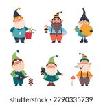 Cute Gnome Character with Beard in Pointy Hat Engaged in Different Activity Vector Set