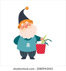 Cute Gnome Character with Beard in Pointy Hat Holding Bucket with Plant Vector Illustration