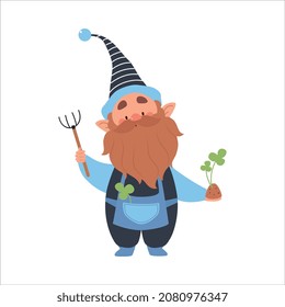 Cute Gnome Character with Beard in Pointy Hat with Rake and Trifoil Plant Vector Illustration