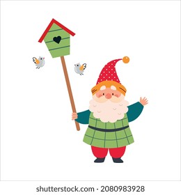 Cute Gnome Character with Beard in Pointy Hat Holding Nesting Box and Waving Hand Vector Illustration