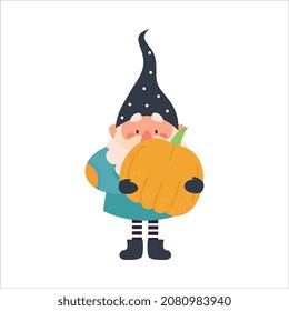 Cute Gnome Character with Beard in Pointy Hat Holding Orange Pumpkin Vector Illustration