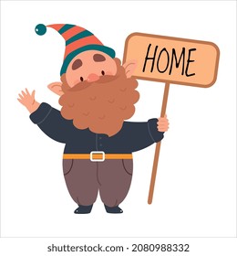 Cute Gnome Character with Beard in Pointy Hat Holding Pole with Board and Waving Hand Vector Illustration