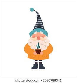 Cute Gnome Character with Beard in Pointy Hat Holding Flowerpot Vector Illustration
