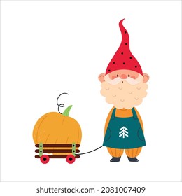 Cute Gnome Character with Beard in Pointy Hat with Trolley and Pumpkin Vector Illustration