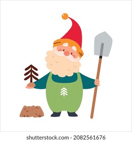 Cute Gnome Character with Beard in Pointy Hat with Shovel Planting Tree in Soil Vector Illustration