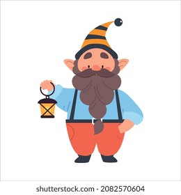 Cute Gnome Character with Beard in Pointy Hat Holding Lantern Vector Illustration