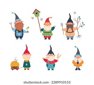 Zünderer Gnome-Zeichen mit Bart in Pointy-Hut in einem anderen Aktivitäts-Vectorset