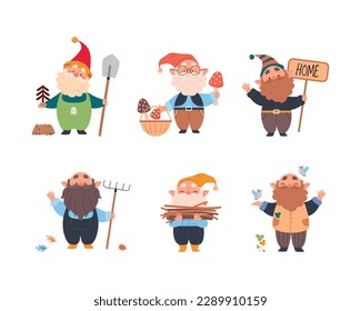 Cute Gnome Character with Beard in Pointy Hat Engaged in Different Activity Vector Set