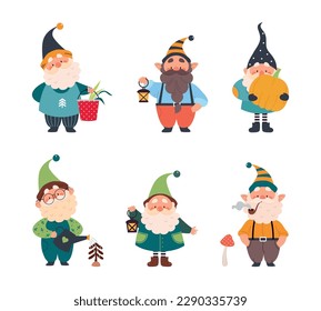 Cute Gnome Character with Beard in Pointy Hat Engaged in Different Activity Vector Set