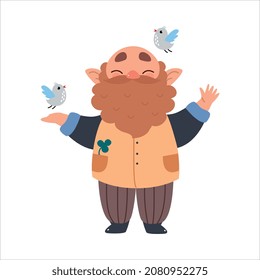 Cute Gnome Character with Beard Standing with Birds Fluttering Around Vector Illustration