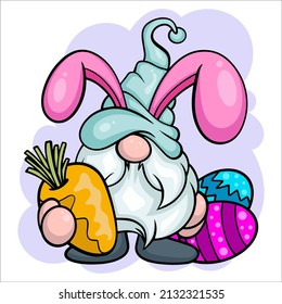 Cute gnome character with eggs for Easter. It's a vector image.