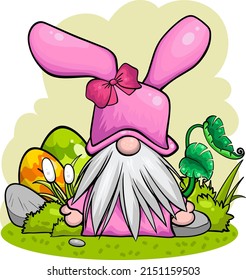 Cute gnome character with eggs for Easter. It's a vector image.