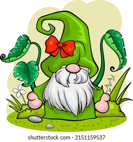 Cute gnome character with eggs for Easter. It's a vector image.