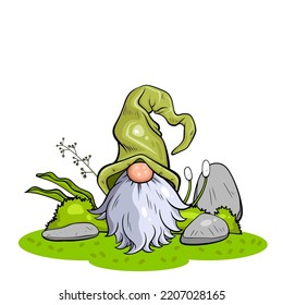 Cute gnome character with eggs for Easter. It's a vector image.