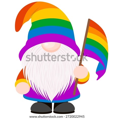 Cute gnome character in rainbow colors celebrating Pride Month, LGBTQ diversity, equality, and love.
