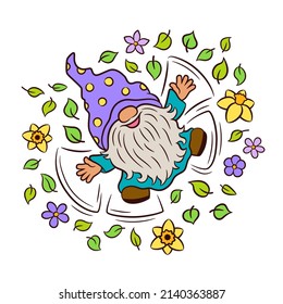 Cute gnome character. Spring design. Gnome playing with green leaves. Yellow daffodil flowers and purple flowers. Adorable scandinavian gnome dwarf vector illustration. Snow angel leaf angel figure.