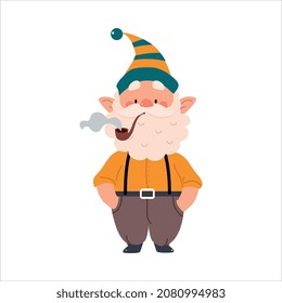Cute Gnome Character with White Beard in Pointy Hat Smoking Pipe Vector Illustration