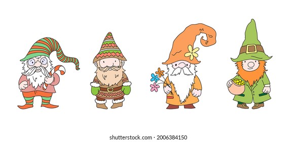 Cute gnome characters. Set of festive dwarfs for garden decoration. Funny fabulous elderly man with gray haired beard. Xmas tale gnomes in hats, leprechauns for St Patrick day with pot of gold coins
