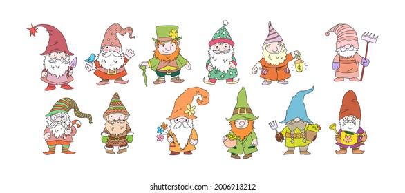 Cute gnome characters. Set of festive dwarfs with attributes fairy tale decoration. Funny festive fabulous elderly man with gray haired beard. Christmas gnomes, leprechauns for Patrick day flat