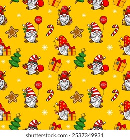 Cute gnome with Christmas celebration seamless pattern background.