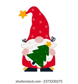 Cute gnome with a Christmas tree. Hand drawn vector illustration isolated on white. Santa Claus helper in a stocking cap with a star and snowflakes, red suit. Flat cartoon clipart for print, cards