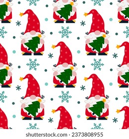 Cute gnome with a Christmas tree seamless vector pattern. Santa Claus helper in a stocking cap with a star, red suit. New year elf with snowflakes. Flat cartoon background for print, cards, posters