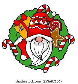 Cute Gnome with Christmas wreath for Christmas celebration illustration by hand drawn.