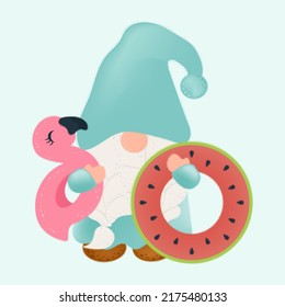 Cute Gnome Clipart Isolated on White Background. Funny Clip Art Gnome with Beach Toys. Vector Illustration of a Character for Stickers, Baby Shower Invitation, Prints for Clothes. 